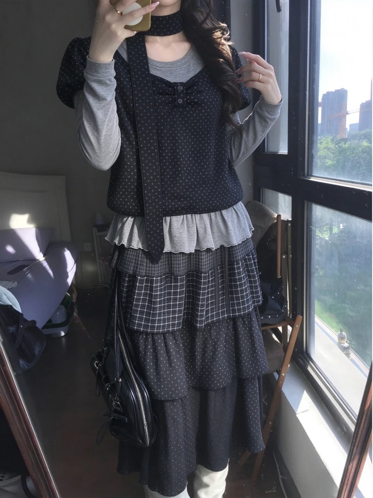 Y2K Retro Polka Dot Long Sleeve Two Piece Set For Women Japanese Blouse Korean Casual Daily Spliced Slim Fit Pullover Outfit