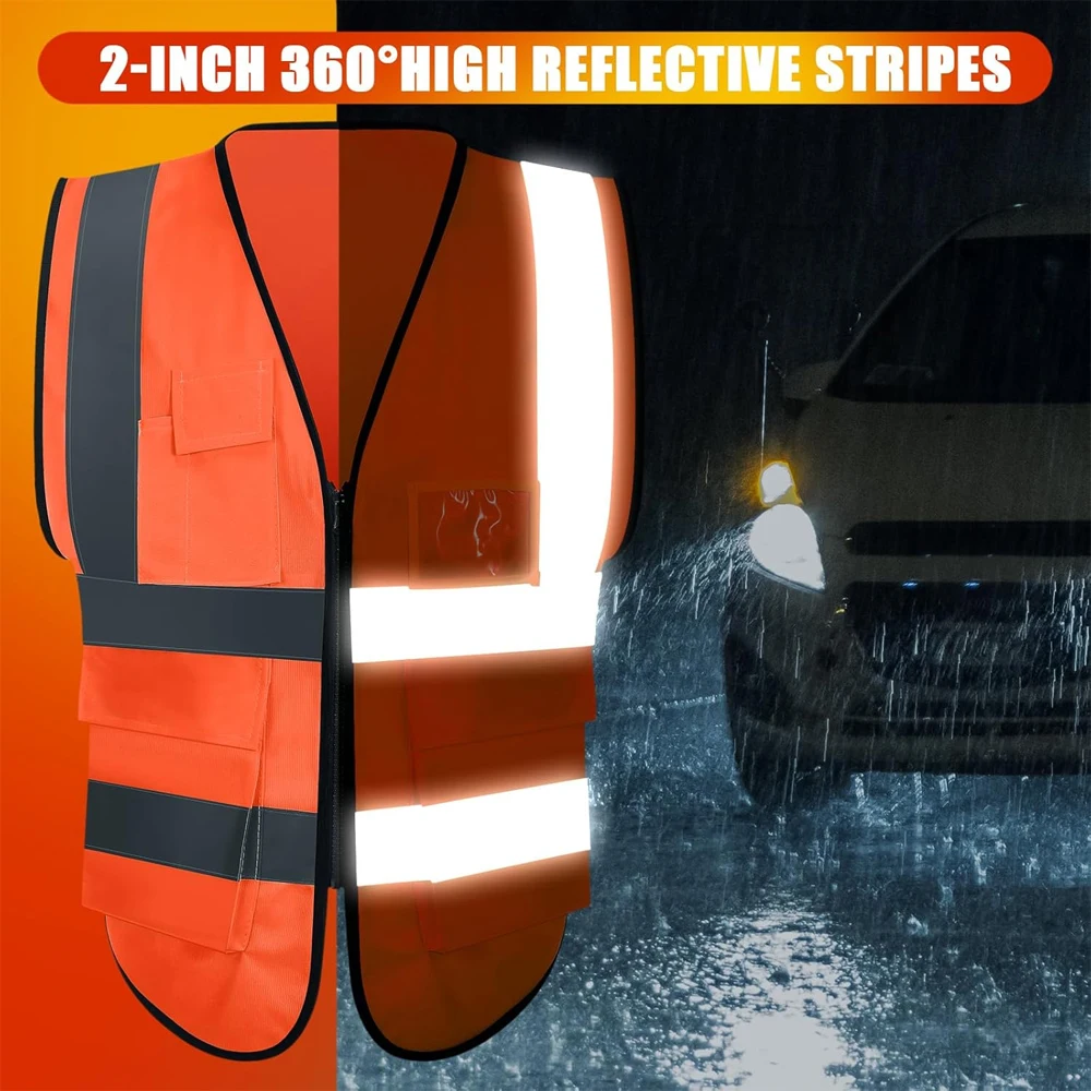 

Hi Viz Orange Safety Vest with Pockets and Zipper ANSI Class 2 Construction Work Fluorescent Vest Safety Clothing Uniform