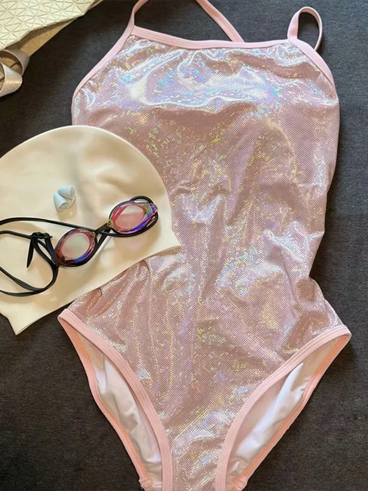 Sexy Backless Spaghetti Strap Shiny Bikini Women Swimsuit High Waist Beach Bikini 2025 New Summer Swimwear One Piece Swimsuit