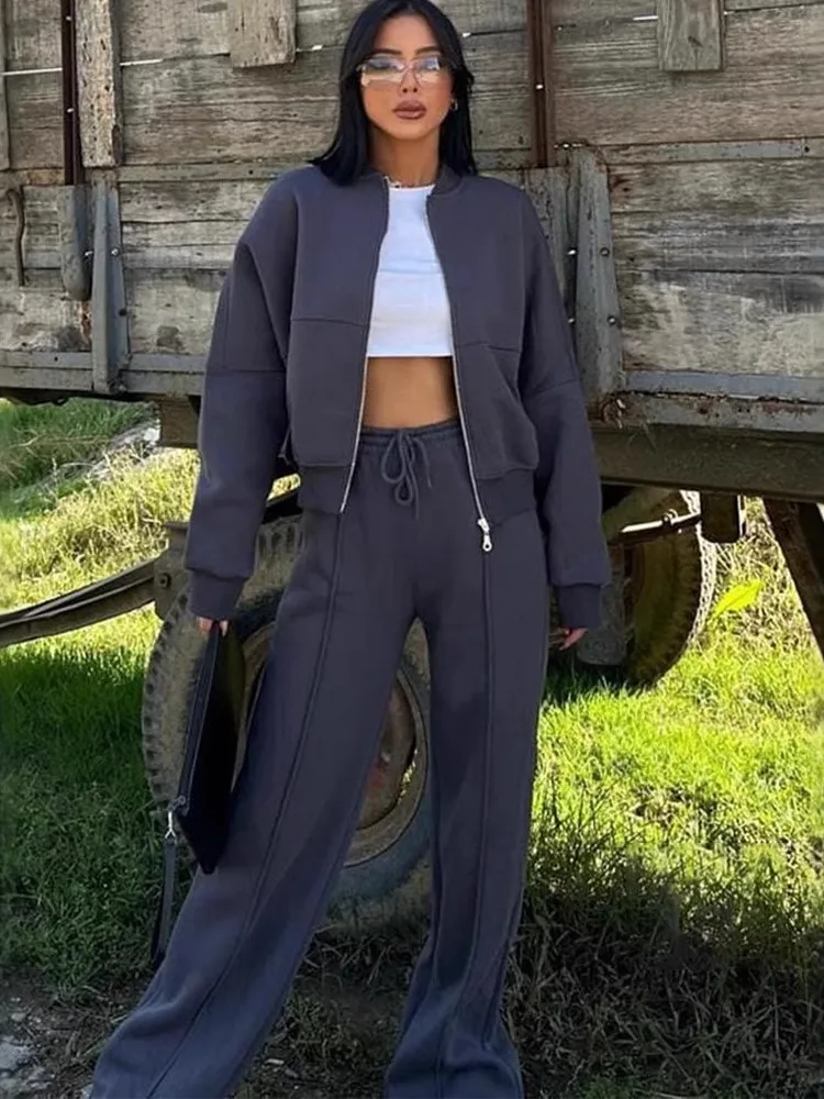 

Fashion O-neck Long-sleeved Zipper Cardigan Coat + Wide-leg Pants 2-piece Set For Women Solid Color Splicing Casual Suit Female