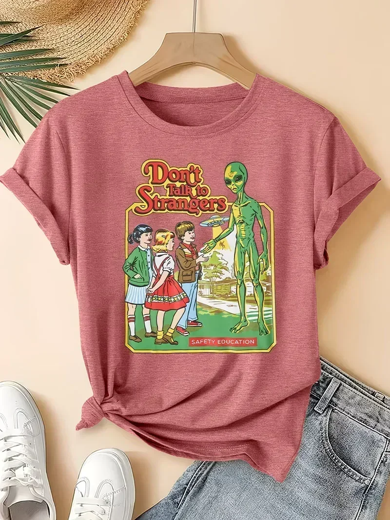 Cartoon Don’T Talk To Strangers Print T-Shirt Street Breathable Alien Tshirt Fashion Aesthetic Tees High Quality Clothes Women