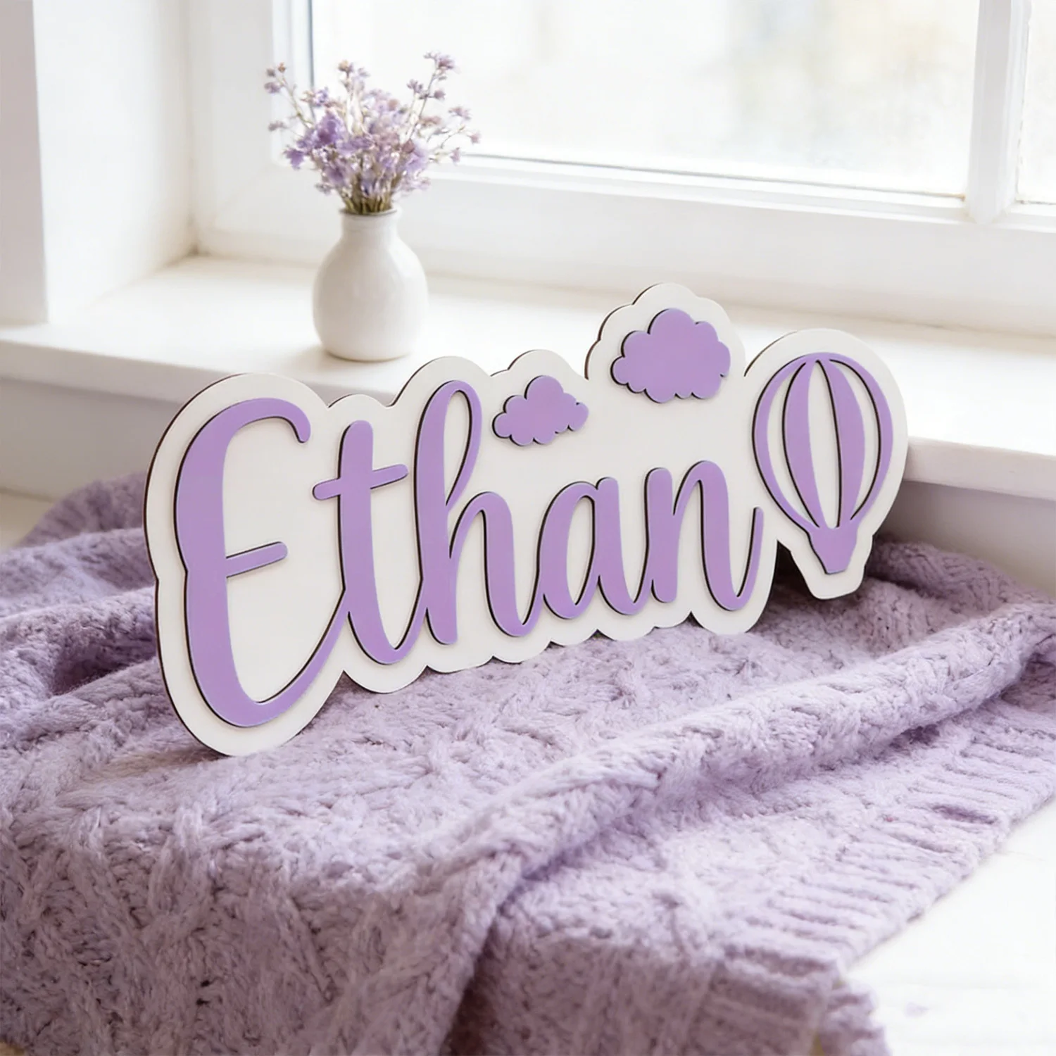 Personalized Hot Air Balloon & Cloud Name Room Sign, Customizable Pastel Blue Wooden Plaque, Nursery Bedroom Decor, Sweet Gift view 2