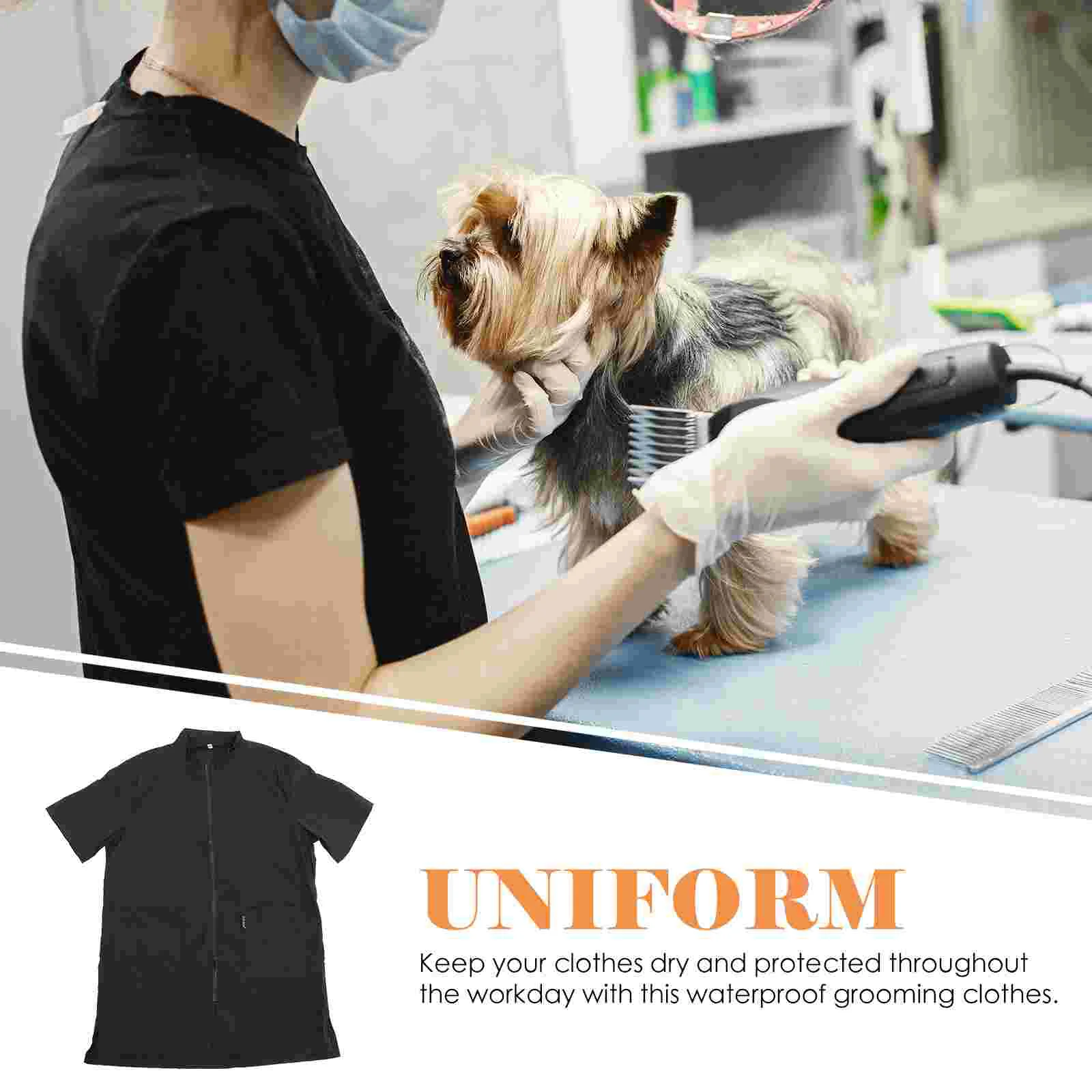 Black Dog Grooming Smock Short Sleeve Pet Grooming Workwear Full Zipper Anti Static Beautician Hair Grooming Jacket Dog