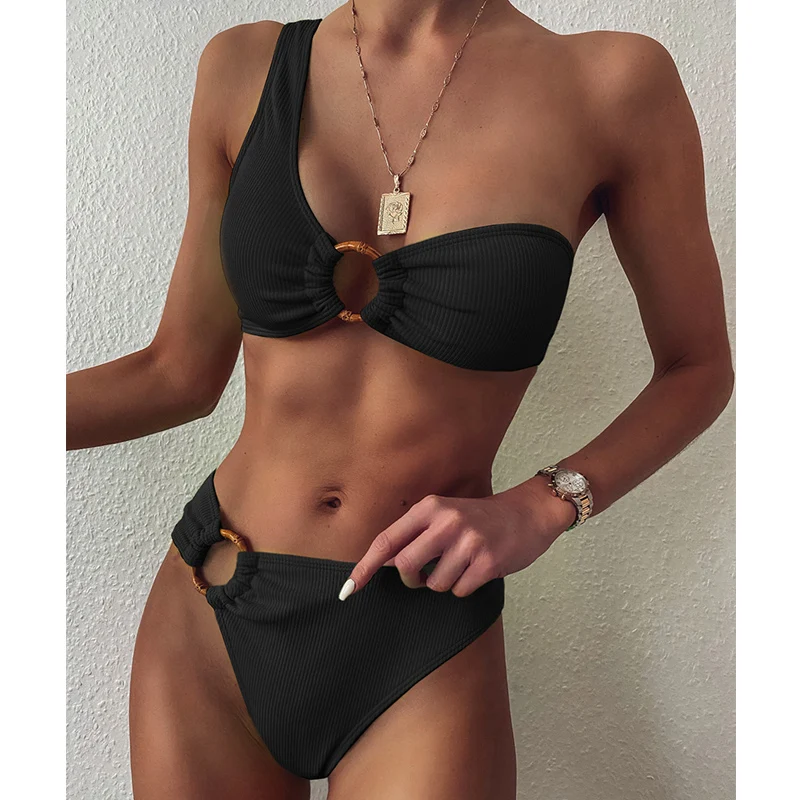 

One Shoulder Bikini Set 2 Piece Women's Swimsuit High Waist Swimwear Sexy Rings Biquini Ribbed Bathing Suit Brazilian Bikinis