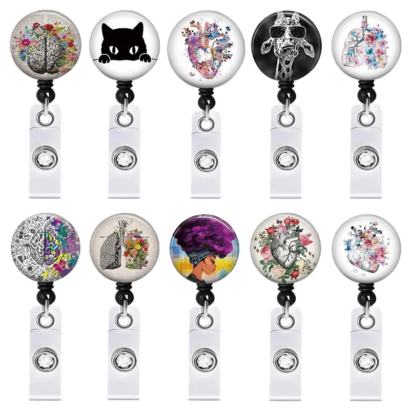 New Arrival 1 Piece Retractable Nurse Badge Reel Fashion Floral Human Organs Hospital Doctor ID Card Holder Keychains Lanyard