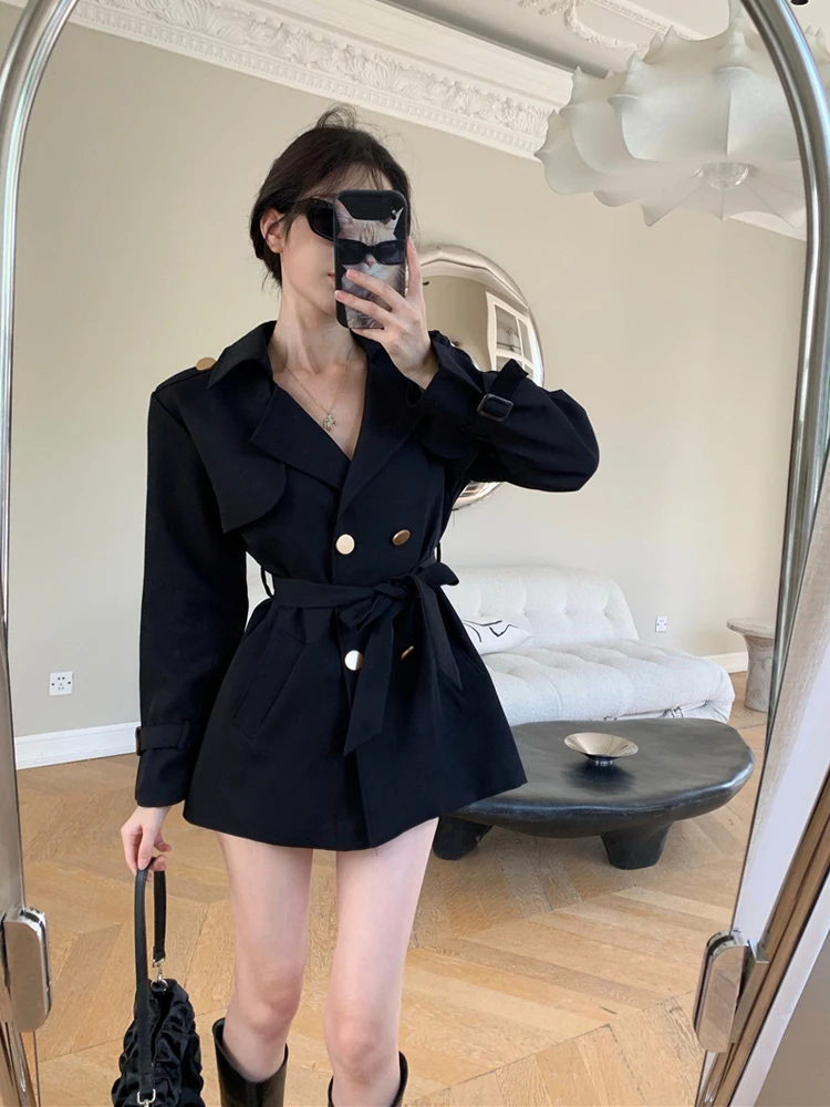 

Весна 2026: Женское пальто Ele Design с высокой талией, длинными рукавами, двубортное, с отложным воротником, универсальная модная верхняя одежда