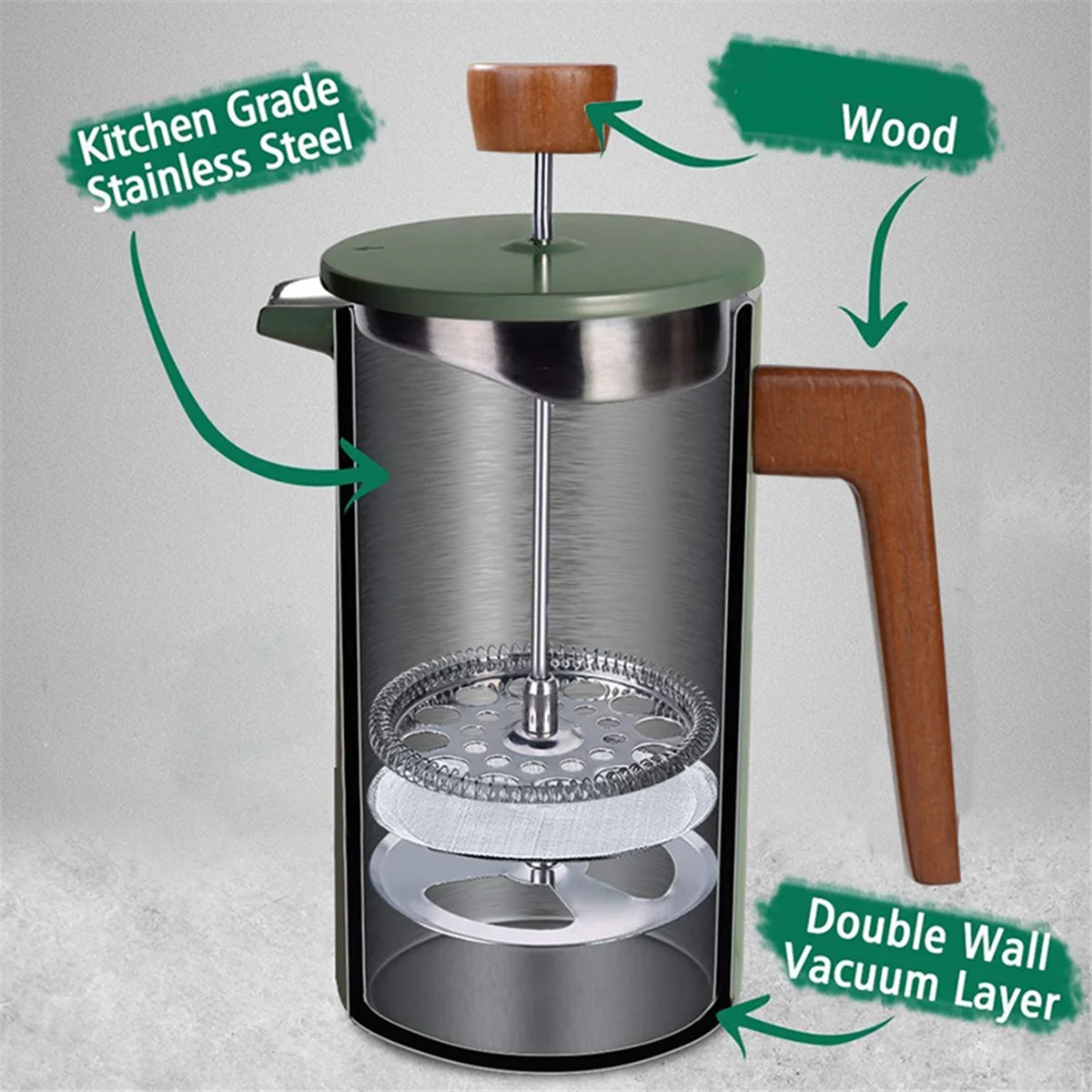 

Кофеварка French Press с ручкой из настоящего дерева, изоляция с двойными стенками, ручная кофеварка для кофе, чая-A70Z