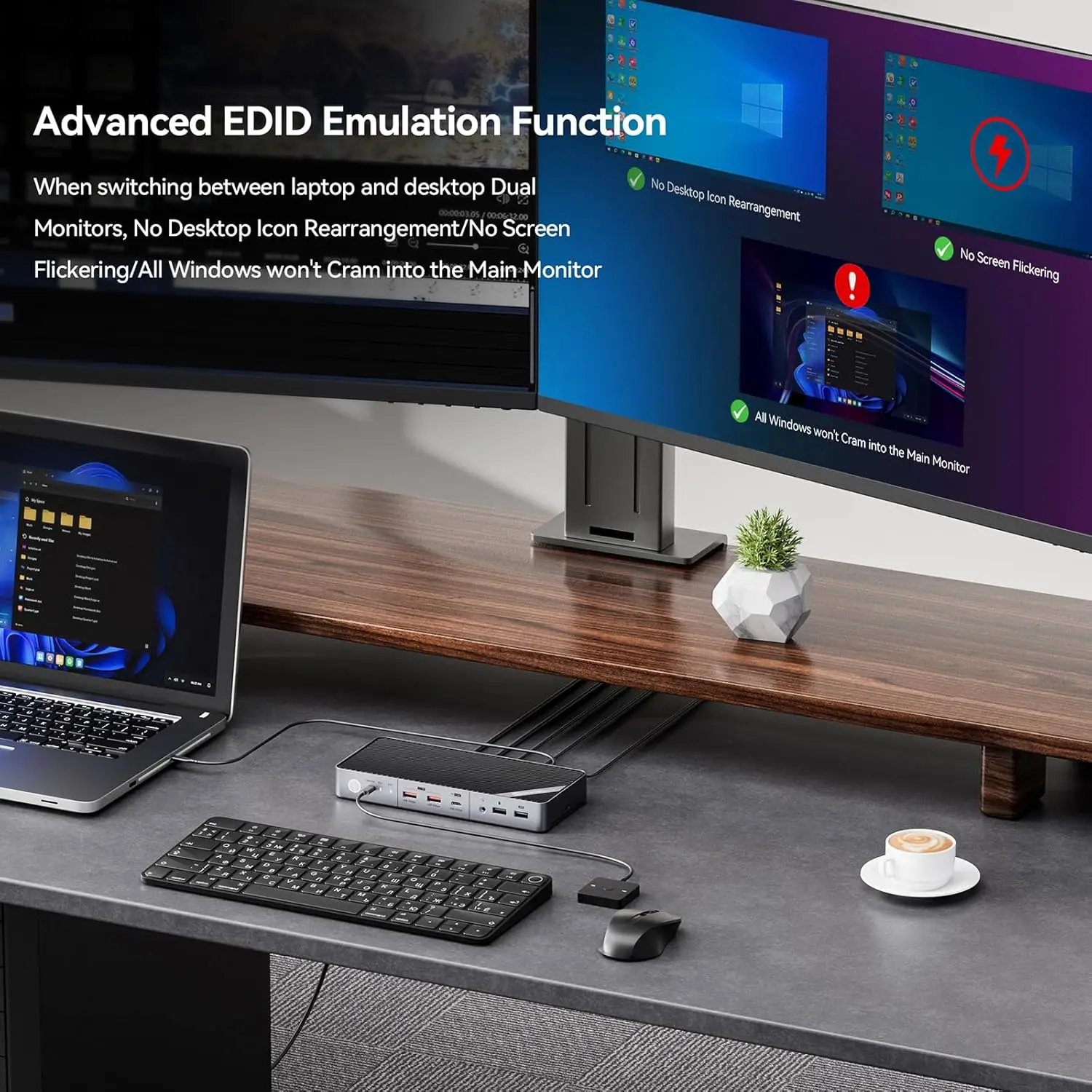 محطة إرساء مفتاح KVM مزدوجة الشاشة من Minisopuru لسطح المكتب للكمبيوتر المحمول مع محاور USB لشحن 4K HDMI 15 وات لـ Thunderbolt 5/4/3