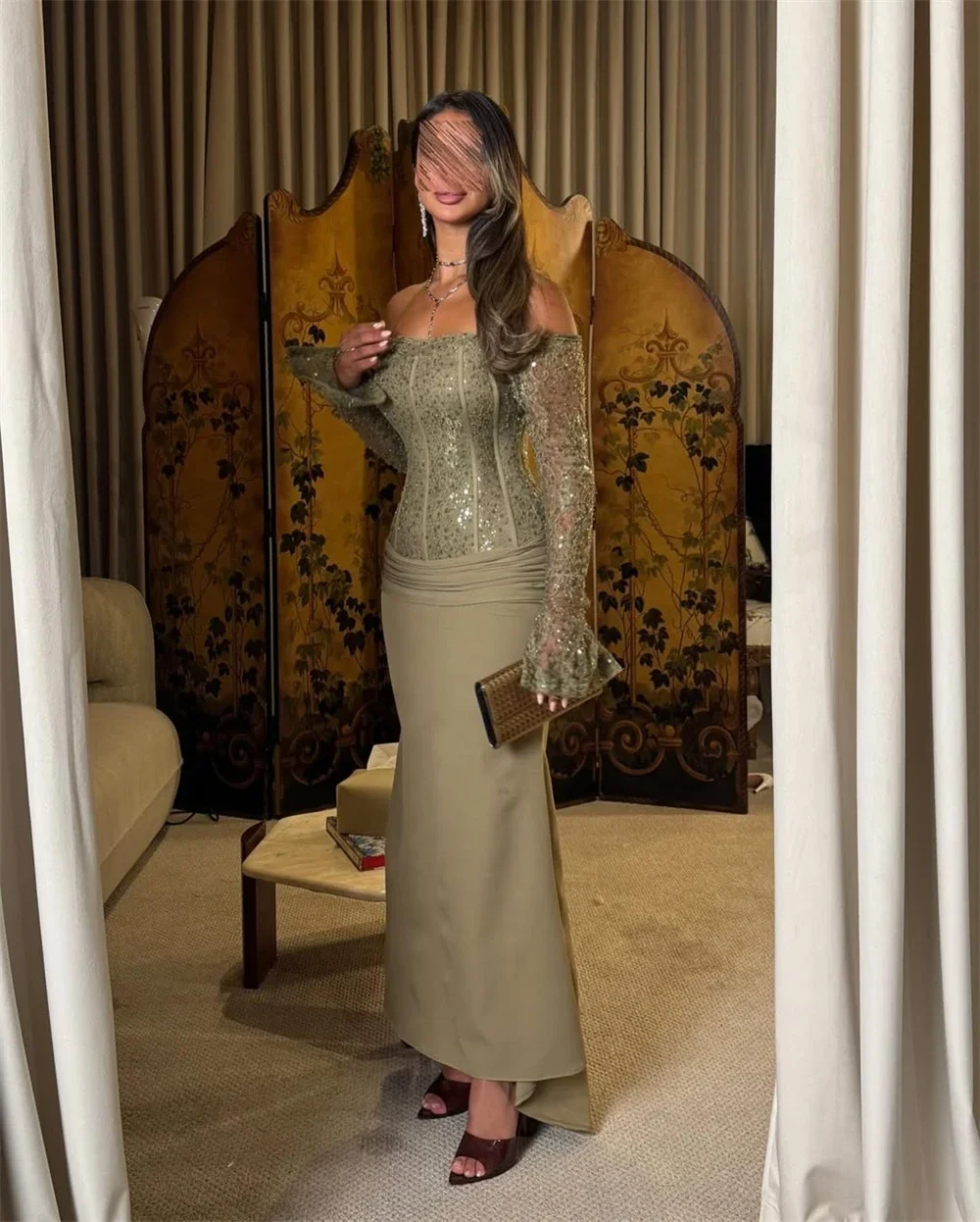 Abito da donna personalizzato verde grigiastro tromba pieghe in rilievo abito da ballo manica lunga in pizzo abiti da sera formale lungo fino al pavimento