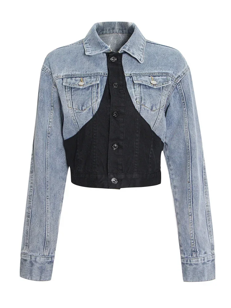 Veste à Manches sulfen Denim pour Femme, Streetwear, lèvent Épissés, Patchwork, Combinaison Courte, Vêtements à la Mode