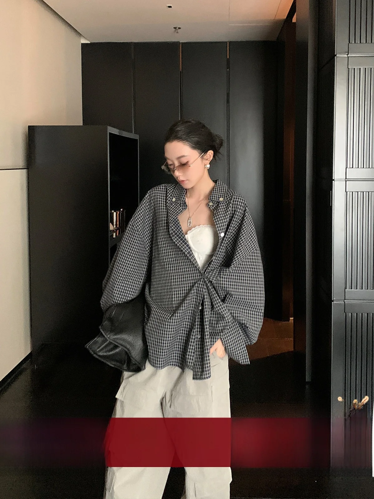 

Loose Women's Plaid irt Coat Summer Vintage Long Sve Design Sensation Lazy Sle Top Breathable Polyester Cotton Blend