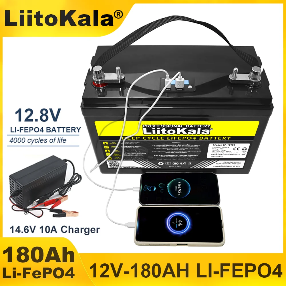 LiitoKala 12V/12.8V 180AH LCD LiFePO4 Battery Lithium iron phosphate Batteries for Golf cart Touring Car Solar 14.6v Charger