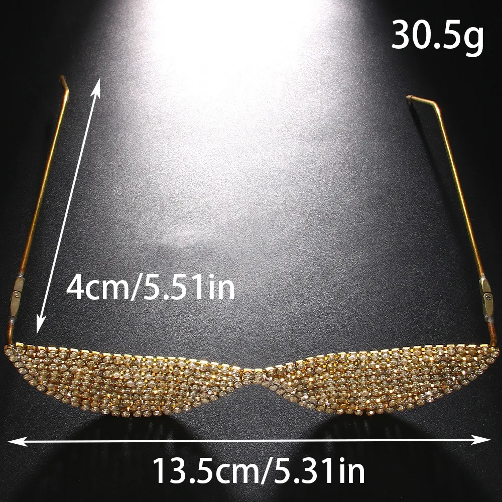 กรอบแว่นตาแฟชั่นประดับพลอยเทียมรูปพระจันทร์เสี้ยวแบบเรียบง่ายไม่มีเลนส์เครื่องประดับสำหรับการตกแต่งดวงตาคริสตัลส่องแสงเป็นประกายวิบวับผู้หญิงหญิงสาว