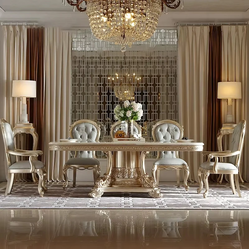 !@European Villa Home Classic Royal Luxury Solid Dining Table Set 6 Seater Dining Room Furniture Handmade Antique for Hotel Use