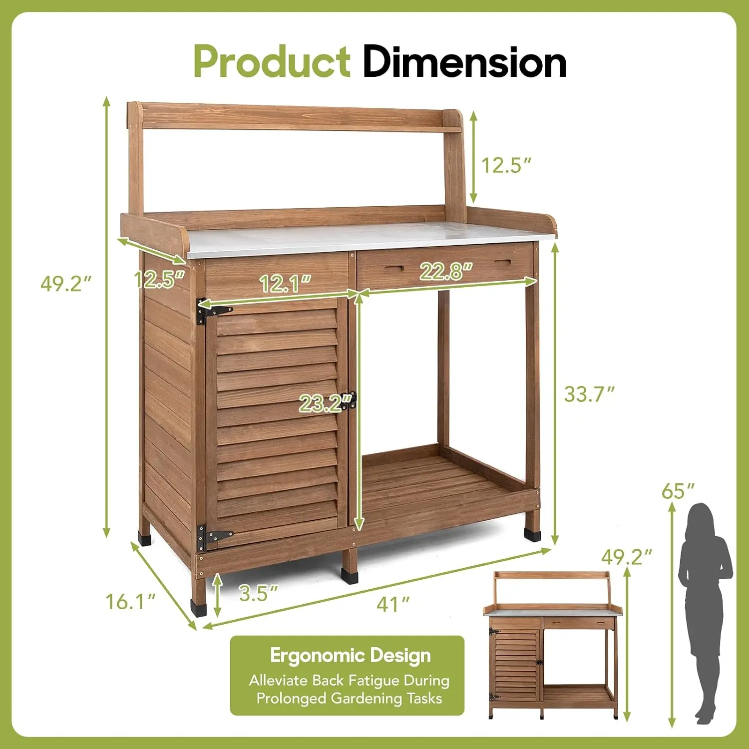 Outdoor Potting Bench Table, Wooden Weatherproof Garden Work Station with Sliding Drawer, Metal Table Top, Metal Hooks