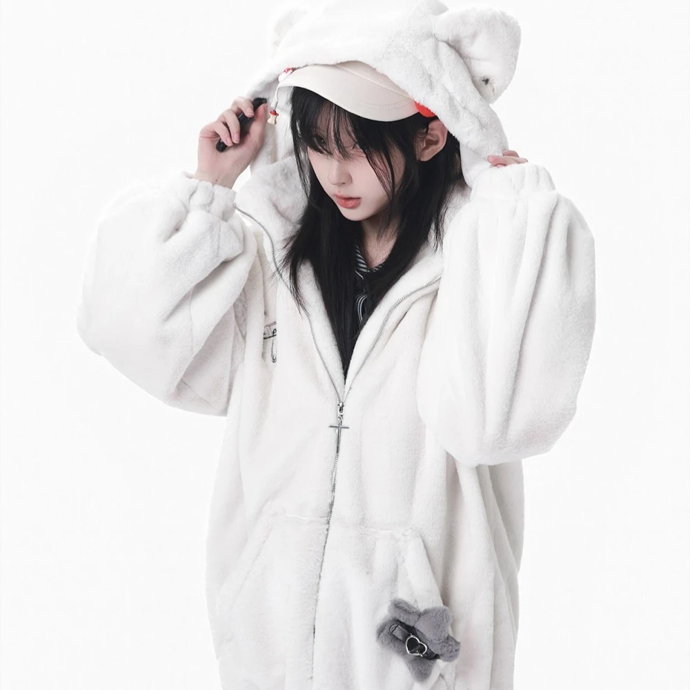 PinkSavior Original moda dulce chica fresca con capucha cremallera suelta Casual abrigo de piel sintética para mujeres invierno grueso cálido chaquetas cortas