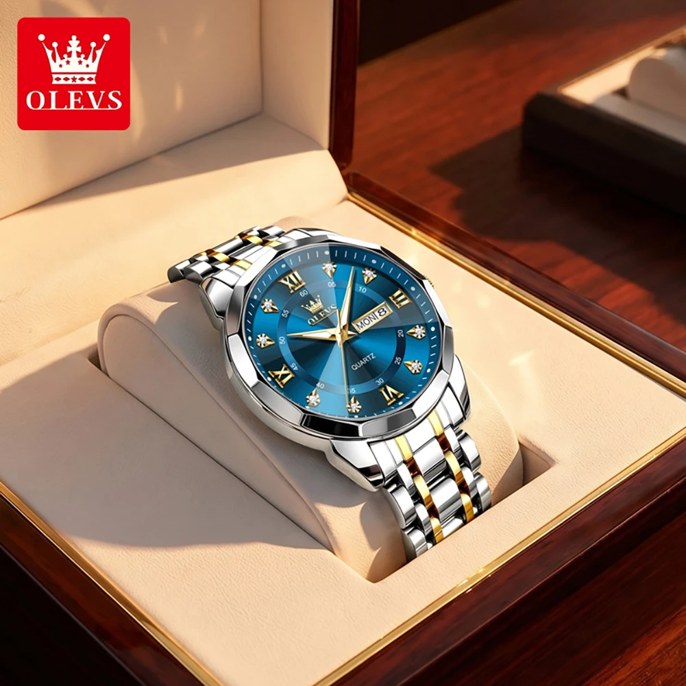 OLEVS 3759 Brand original authentic watches for man luxury Gift Box Steel band diamond-shaped glass quartz men's watch