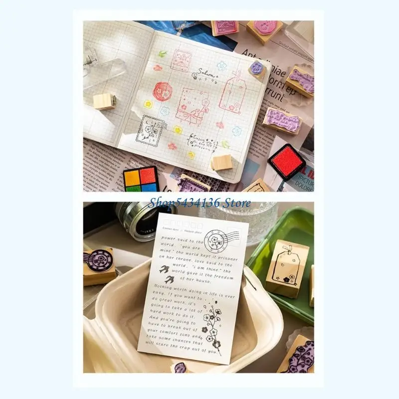 H7ED Wooden Rubber Stamps Set Decorative Stamps Set for Journaling,Scrapbooking