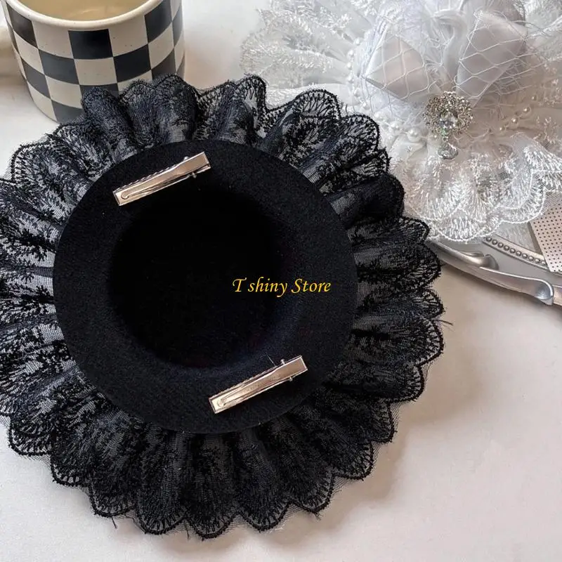 N58F Decorative Small Hat Hair Clip for Updos and Side Hair with Layered Ruffled Lace, and Bows Decors for Stage Show Dressingup