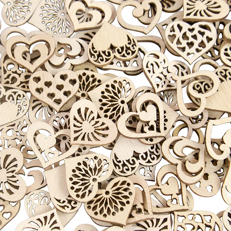 50pcs Wooden Mini Cute Love Heart Wooden Crafts DIY Scrapbook for Handicraft Wedding Birthday Party Table Scatter Decorations