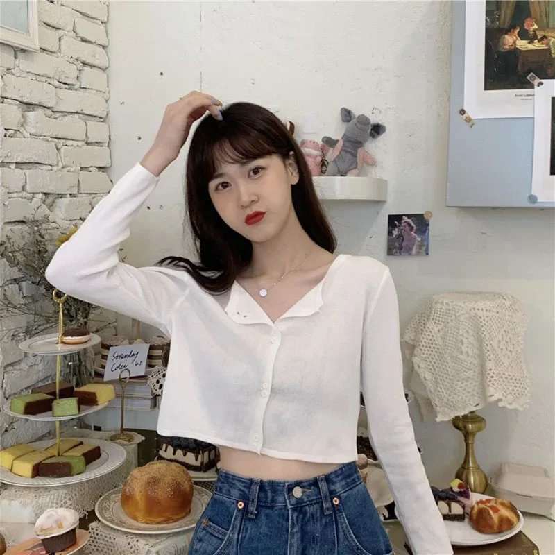 Lucyever Maglioni corti solidi Donna Autunno Inverno Cardigan lavorato a maglia a maniche lunghe Donna Coreana All-Match Top in jersey con bottoni