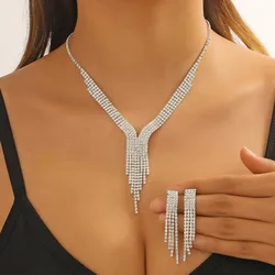 Luxury Geometric Rhinestone Necklace Earrings For Women Long Tassel Jewelry Sets Ladies Weddings Banquet Accessory