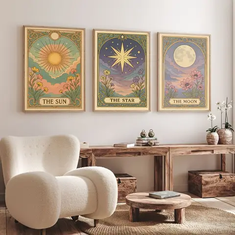 3pcs Frameless Sun,Moon and Stars Tarot Card Canvas Printing,Retro Bohemian Celestial Wall Art,Mysterious Living Room Decoration