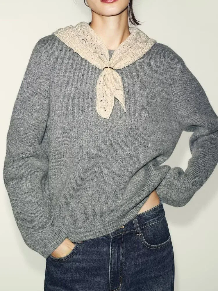 

High-End Casual Knitted Sweater Simple Design New Arrival Silk Scarf Splicing Spring Faion for Women Long Sve round Ne