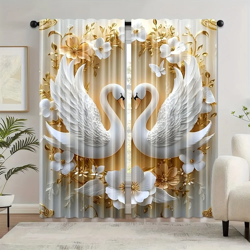 2pcs Elegant Swan & Floral Print Curtains – White & Gold Polyester for Living Room, Bedroom, Study – Artistic Home Decor