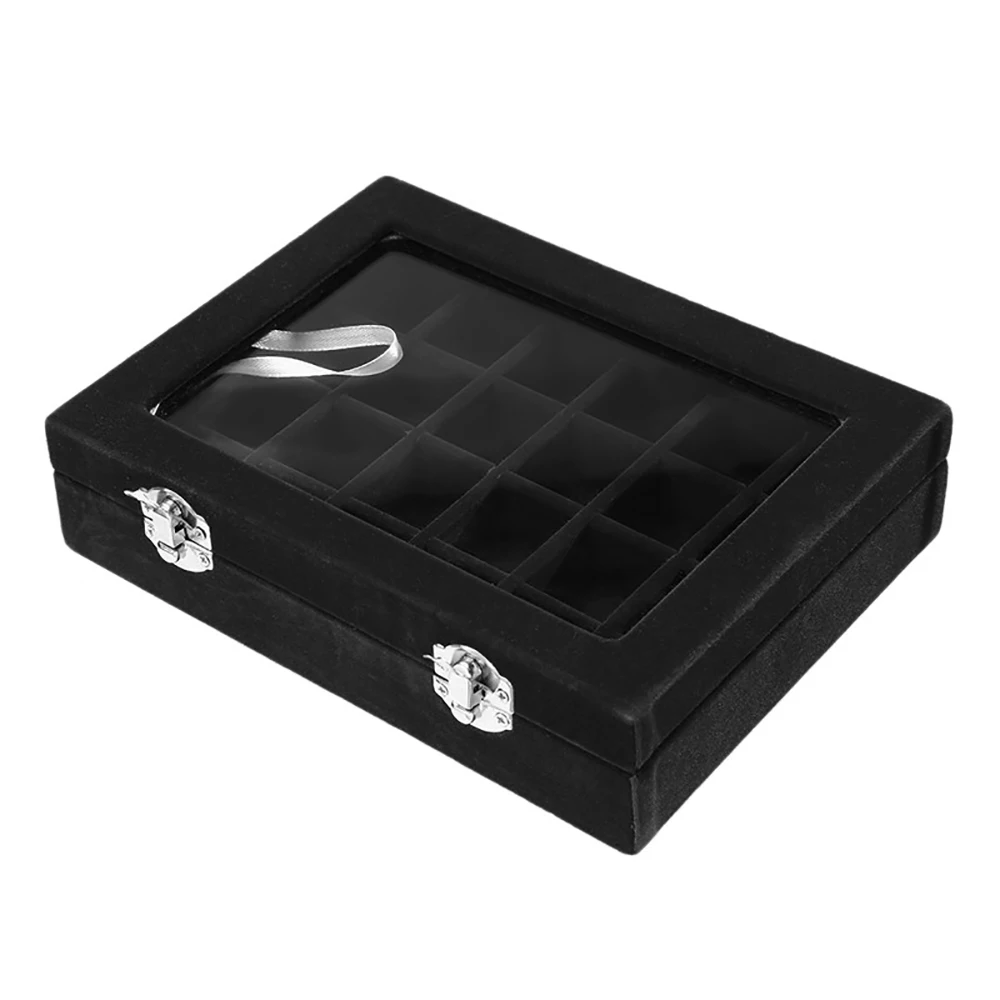 24 Grids Velvet Ring Jewelry Display Box Nail Art Organizer Glass Cover Beads Earring Stud Storage Joyeros Organizador de joyas