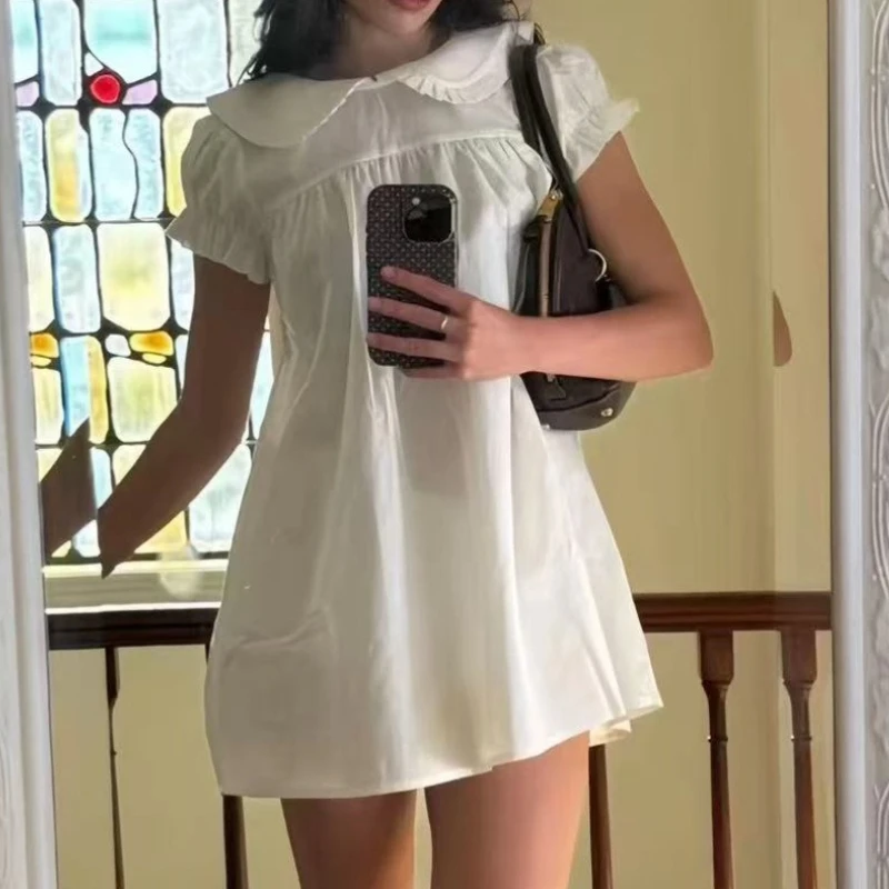French Retro Doll Collar White Cotton and Linen Puff Sleeves Sweet Age-reducing Dress for Women's First Love  Small White Dress