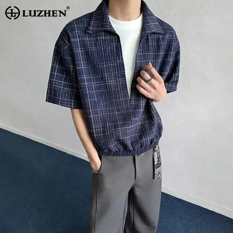 

LUZHEN 2026 Summer Checked Printed Big V-neck Short Sleeve Shirts Pullover Men's Fashion Handsome Korean Casual Male Tops JY6908