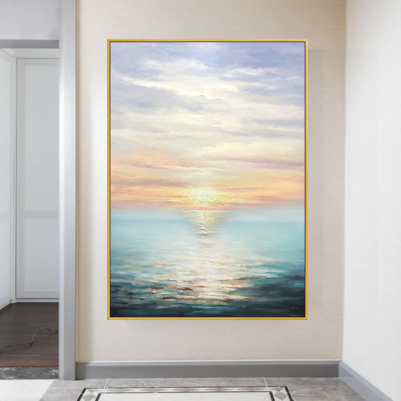 Abstract Sunrise Landscape Oil Paintings on Canvas Original Housewarming Seascape Large Oil Paintings Living Room Wall Art Decor