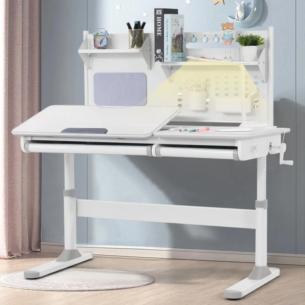 47 inches Adjustable Kids Desk with Hutch, with Two Storage Drawer, LED Lamp, Tilt Desktop, Height Adjust for Home School Use,