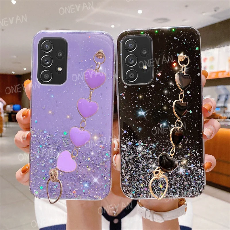 Luxury Glitter Wristband Love Heart Bracelet Case For Samsung Galaxy A13 A32 A23 A33 A53 A73 A21S A22 A52S A72 A50S Bumper Cover