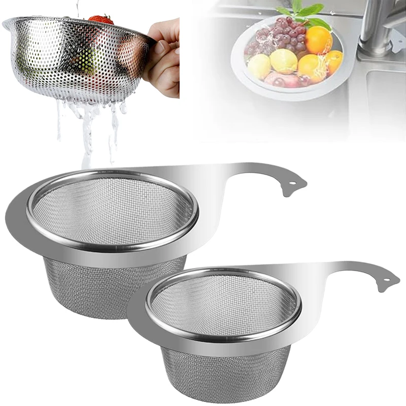 2Pcs(M+L) Stainless Steel Kitchen Filter Sink Strainer Basket Organizer Multi-functional Vegetables Fruits Washing Basket