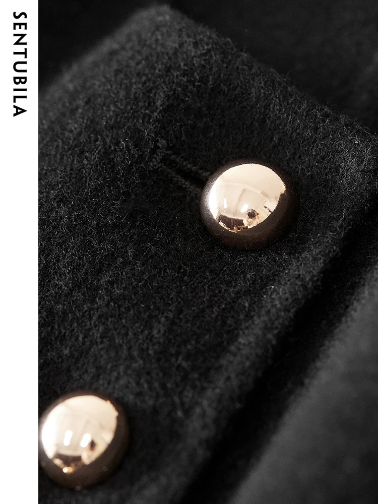 SENTUBILA Elegant Wool Cropped Jackets for Women Black Winter Coat 2025 Fashion O-neck Commute Female Short Outerwear W34O49734