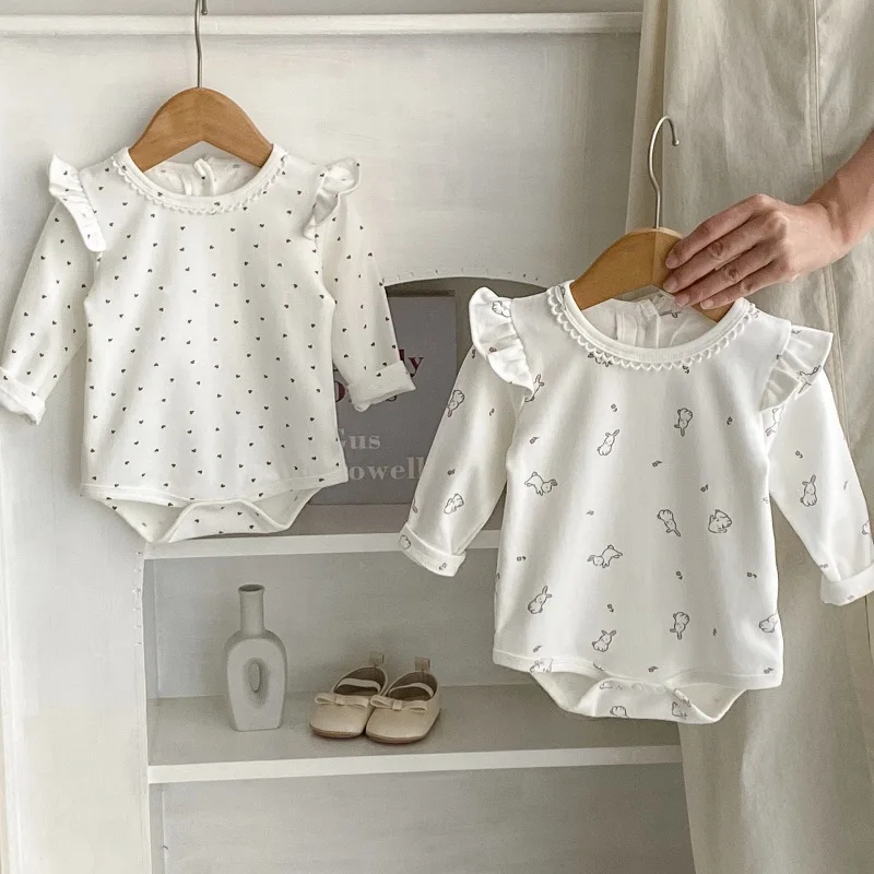 2024 Baby Girl Romper 0-24Months Newborn Infant Long Sleeve O-Neck Rabbit Heart Print Cotton Bodysuit One-Pieces Spring Clothes