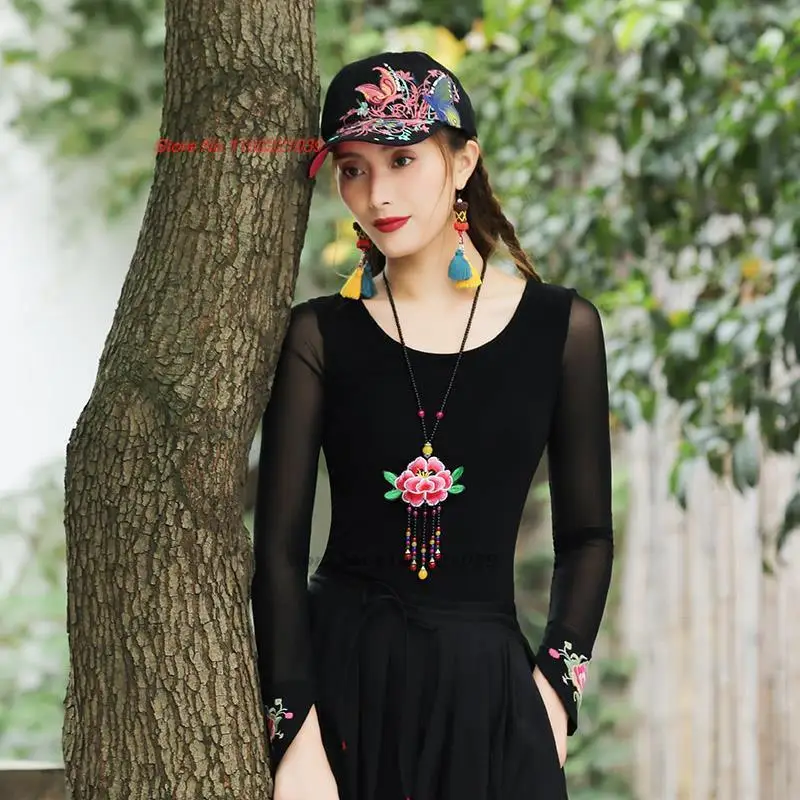 2024 traditional chinese vintage shirt national flower embroidery t-shirt ethnic o-neck mesh shirt oriental tang suit base shirt