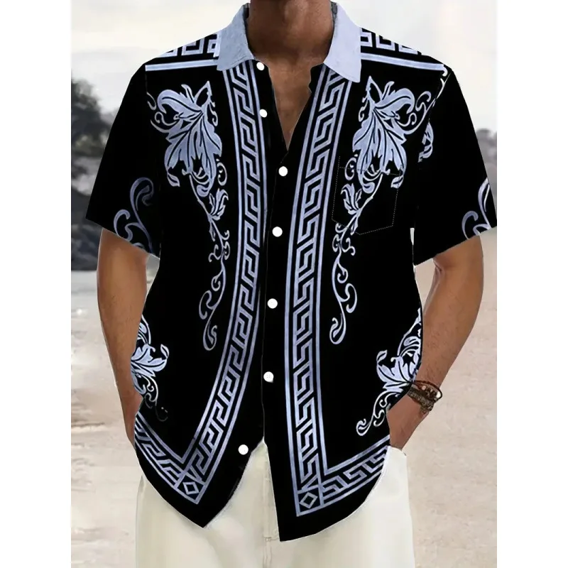 2025 men\'s hot selling retro high street fashion short sleeved shirt gold bar summer luxurious printed casual shirt