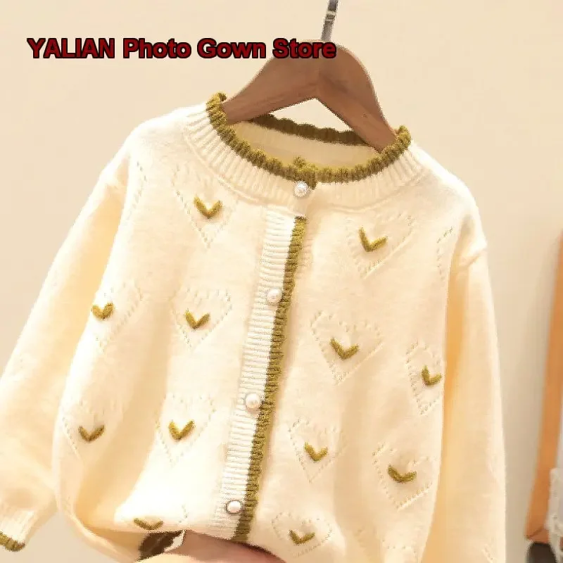 Girls Knit Cardigan Kids Spring Autumn Pullover Sweater Solid Color Elegant Two-Piece Set