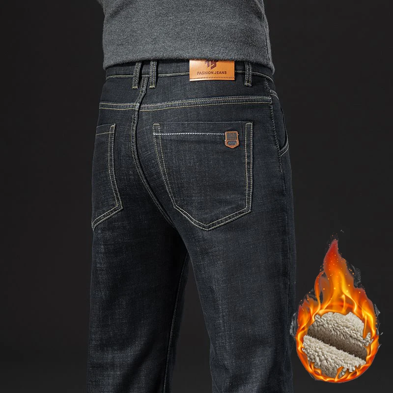 2026 New Men High Waist Blue Black Jeans Male Lamb Fluff Warm Denim Pants Fashion Baggy Straight Leg Fleece Trousers