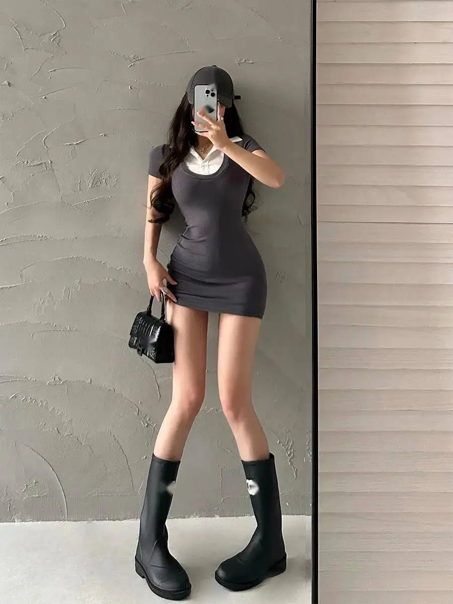 WOMENGAGA Sexy Slim Polo Collar Contrast Fake Two Piece Short Sleeve T Shirt Dress Short Dresses Summer Fashion Korean S8AY