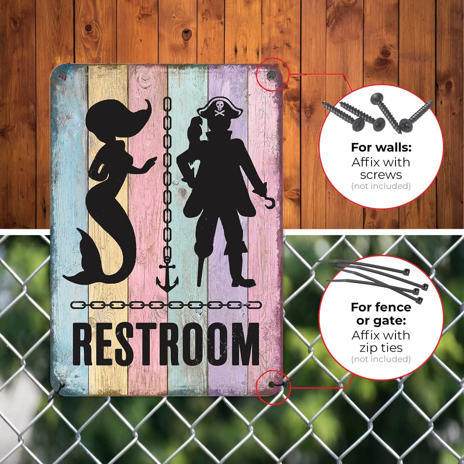 Mermaid Bathroom Decor - Pirate Themed Restroom Signs - Vintage Nautical Wall Decor - Funny Beach Toilets Door Signs