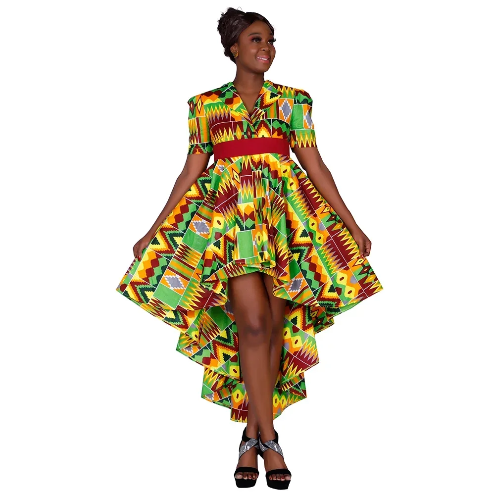 African Dresses for Women Fashion African Print Shirt Dress with Tail Bazin Riche Ankara Dress Evening Dress WY5203