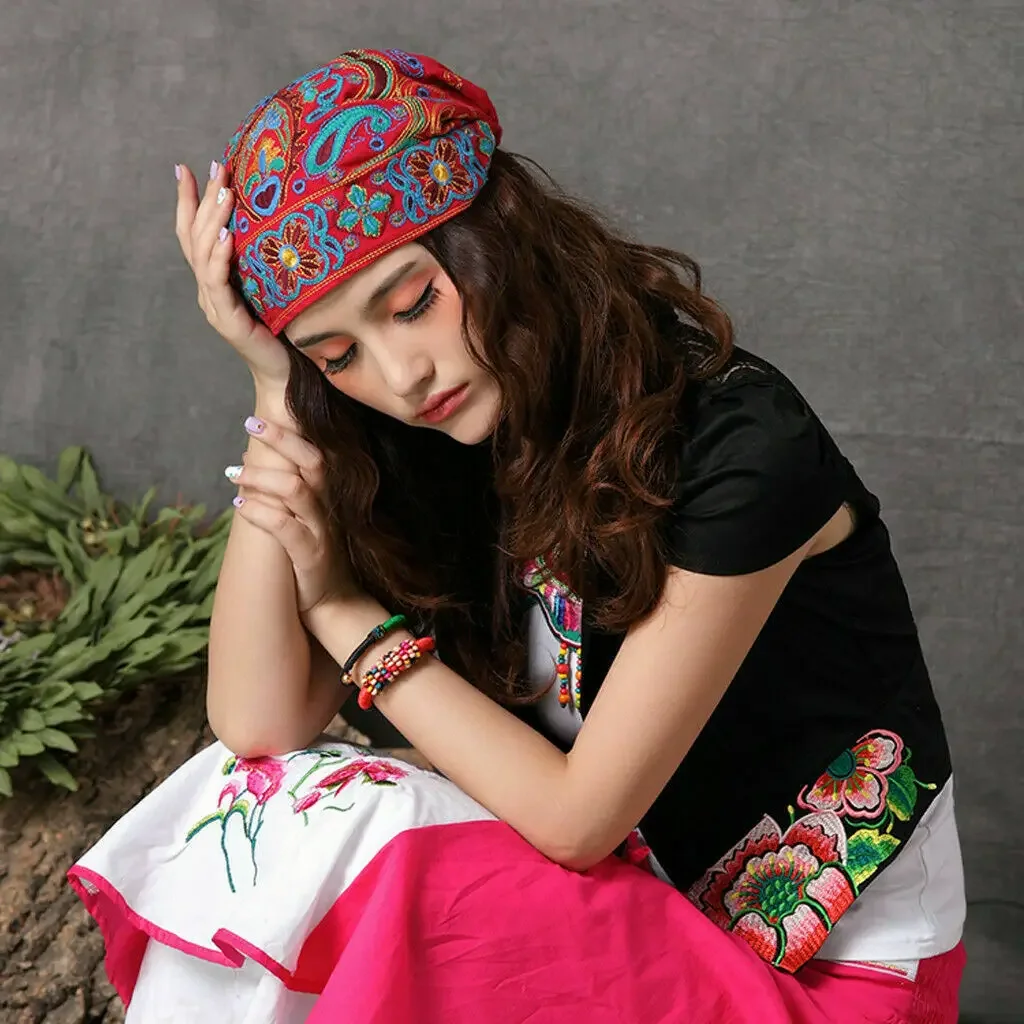 Women Ethnic Vintage Embroidery Flowers Bandanas Red Print Hats for Women Beanies Hats 2024