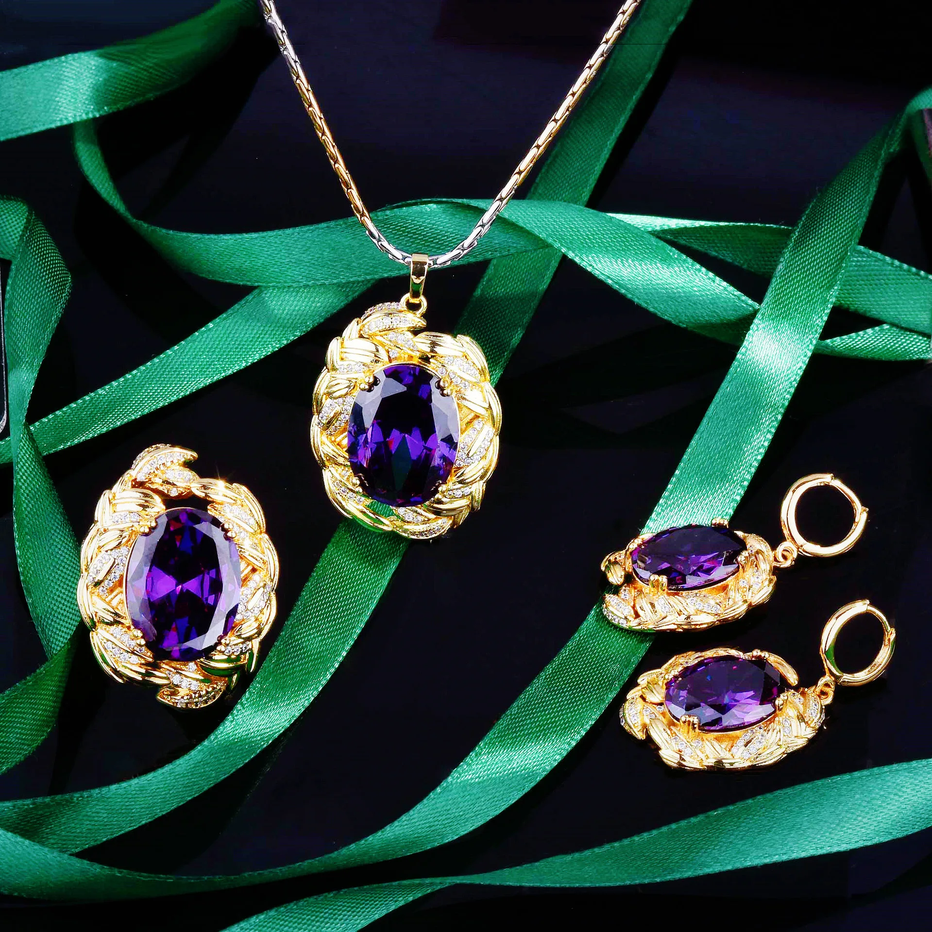 Luxury Mysterious Gold Color Jewelry Sets For Women Large Purple Stone Pendant Necklaces Rings Wedding Engagement Bride Set