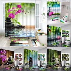 Zen Green Bamboo Buddha Shower Curtain Set Non-Slip Rug Toilet Lid Cover Bath Mat Stone Flowers Garden Scenery Bathroom Curtains