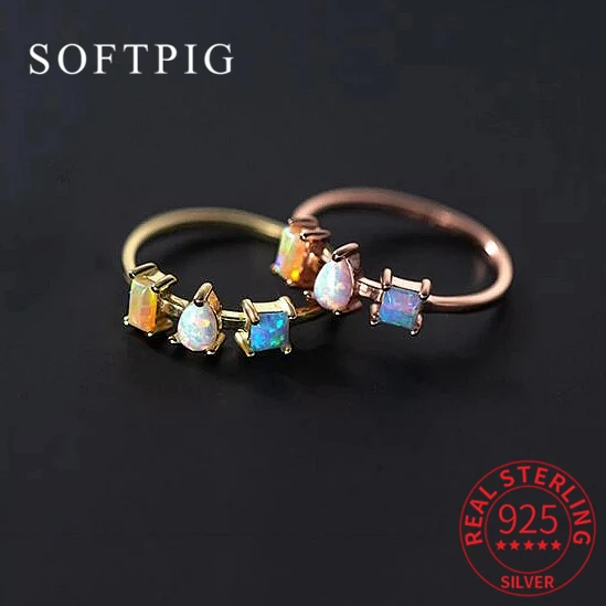 SOFTPIG Real 925 Sterling Silver Opal Triangle Square 18K Gold Ring For Fashion Women Trendy Fine Jewelry Cute Accessories