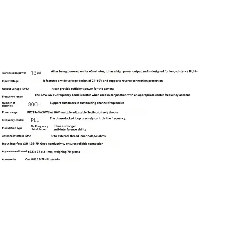 T24C High-Power For RC FPV Video Transmitter 13W 4.9G-6G VTX 80CH SMA Interface For Long Range Fixed-Wing Drones